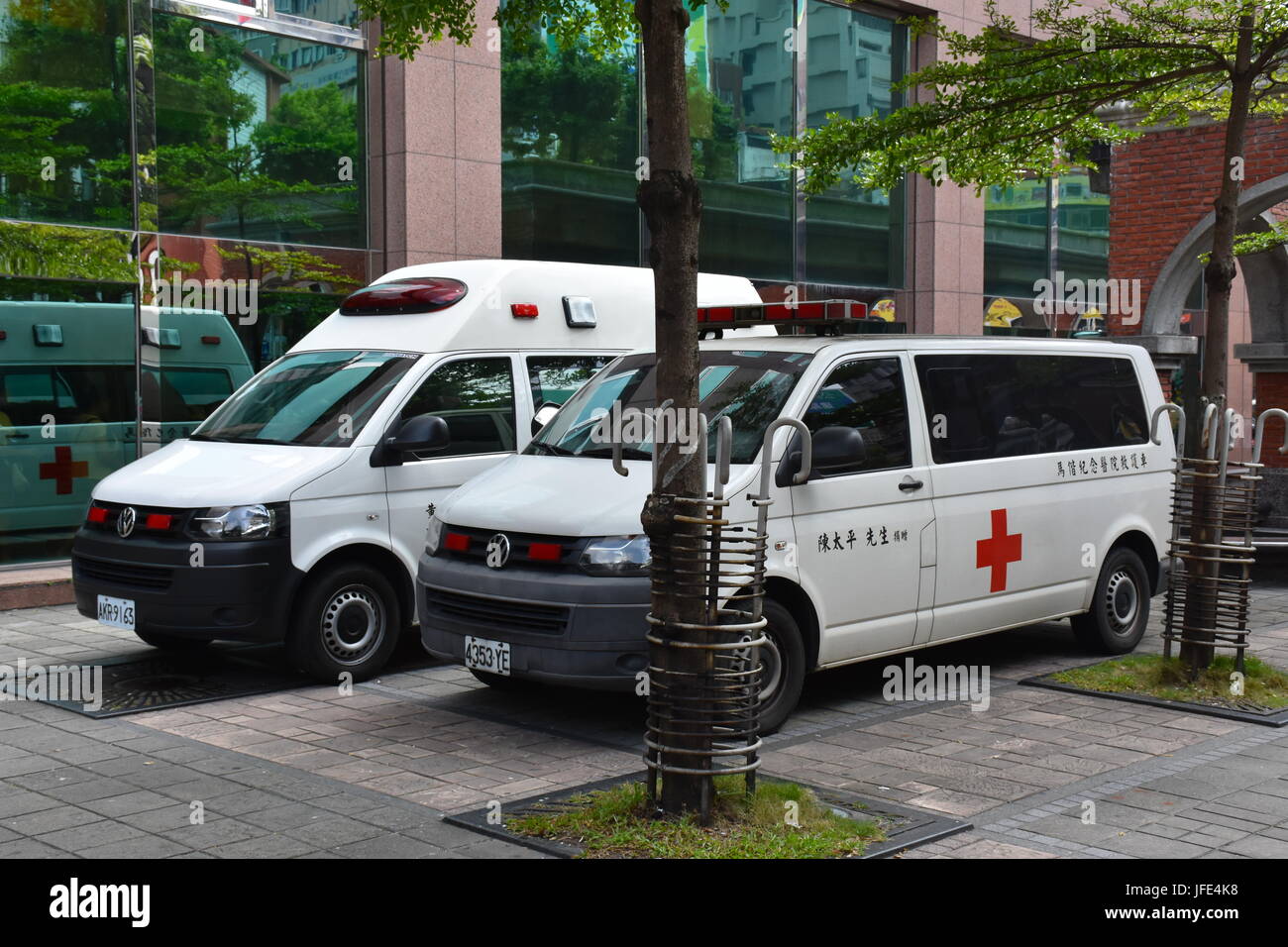 Ambulances parked outside the front entrance to Mackay Hospital, Taipei, Taiwan. Some were