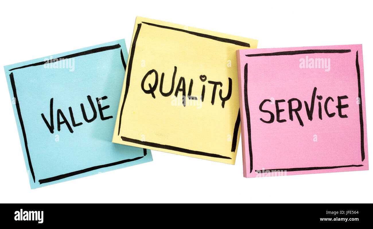 values, quality and service motto - handwriting in black ink on isolated sticky notes Stock Photo