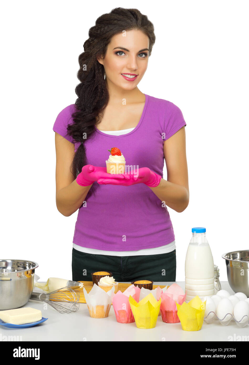 Young woman the chef prepares food isolated Stock Photo