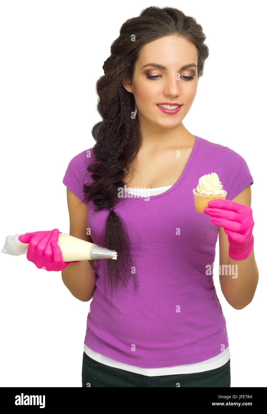 Young woman the chef prepares food isolated Stock Photo
