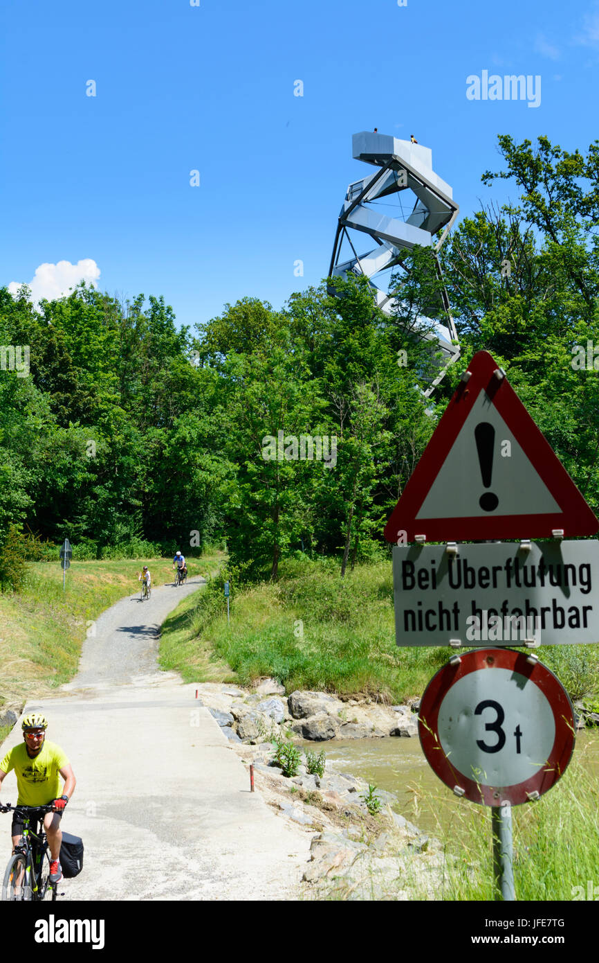 outlook tower Murturm, riparian forest, Murradweg (Mur bicycle path), cyclist, Mureck, Süd-Steiermark, Steiermark, Styria, Austria Stock Photo