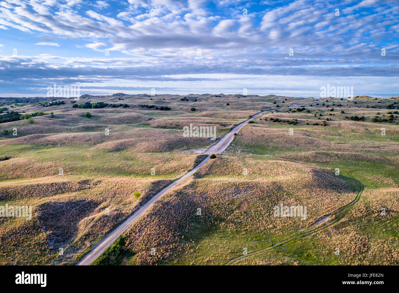 aerial view of sandy road in Nebraska Sandhills near Seneca, spring