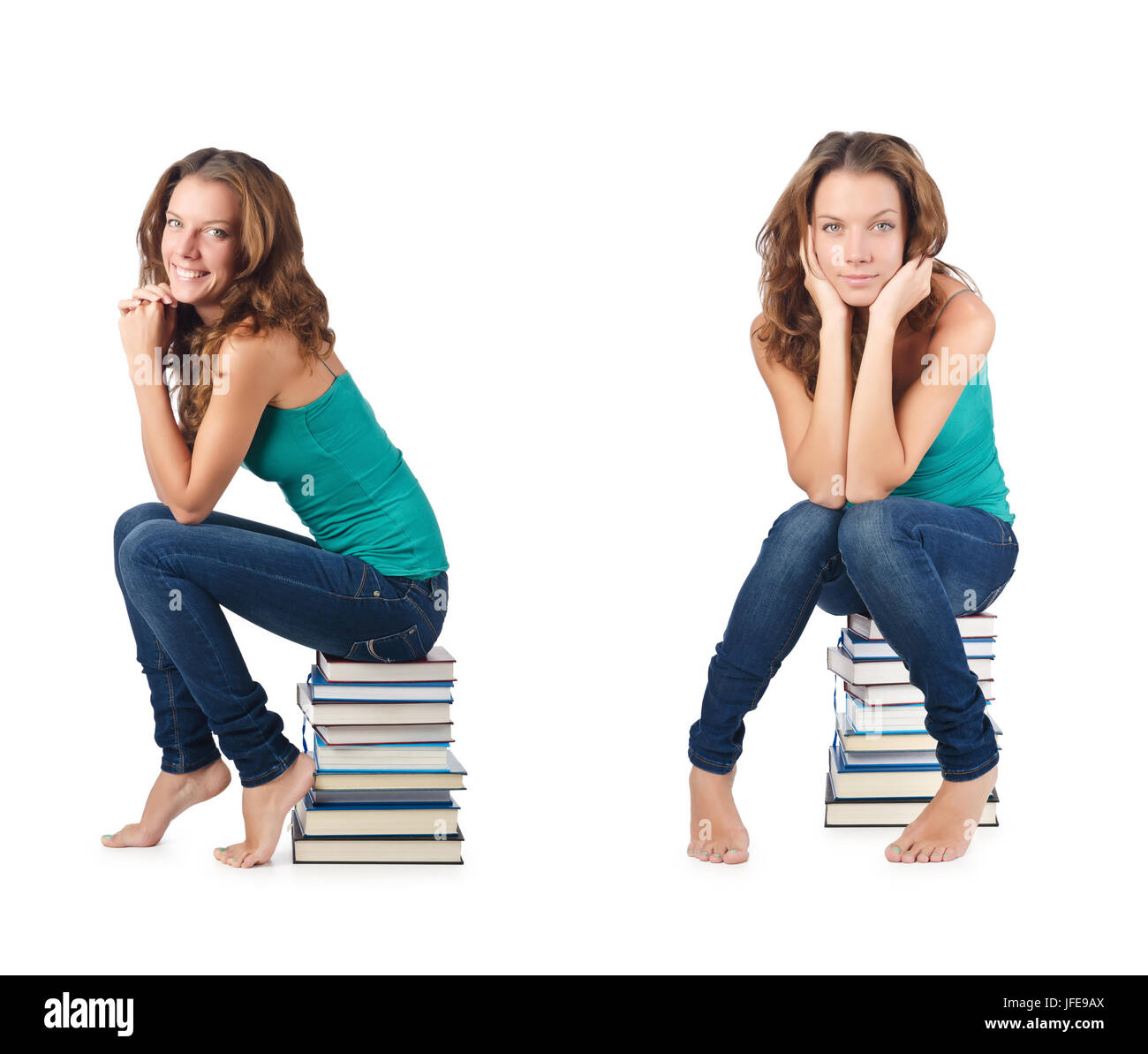 Student sitting on stack of books Stock Photo - Alamy