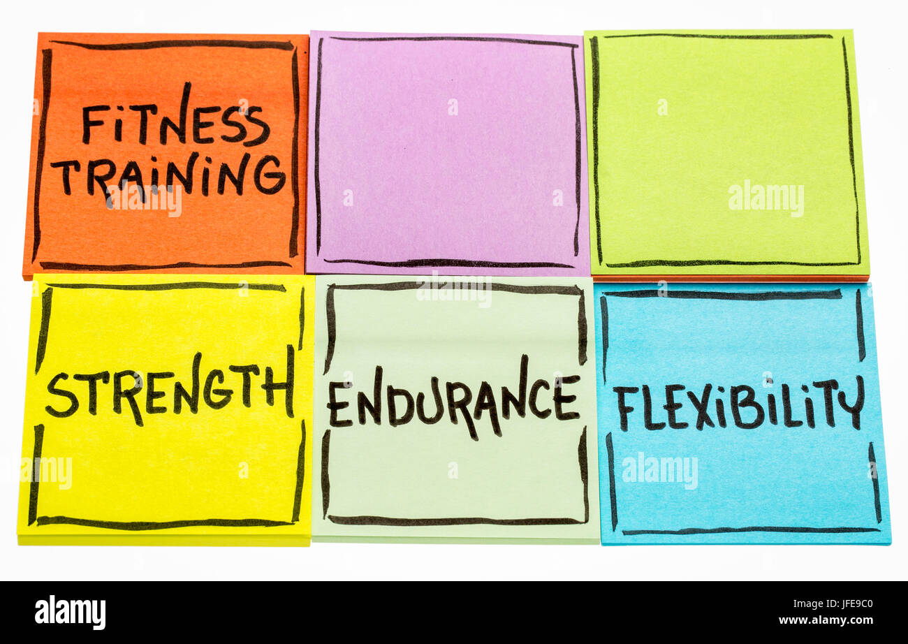 endurance, flexibility, strength fitness training goals concept, isolated set of colorful