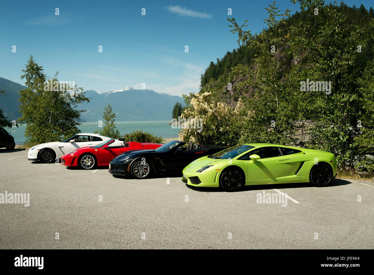 High performance super sports cars parked at Porteau Cove Provincial Park, south of Squamish BC, Canada. Stock Photo