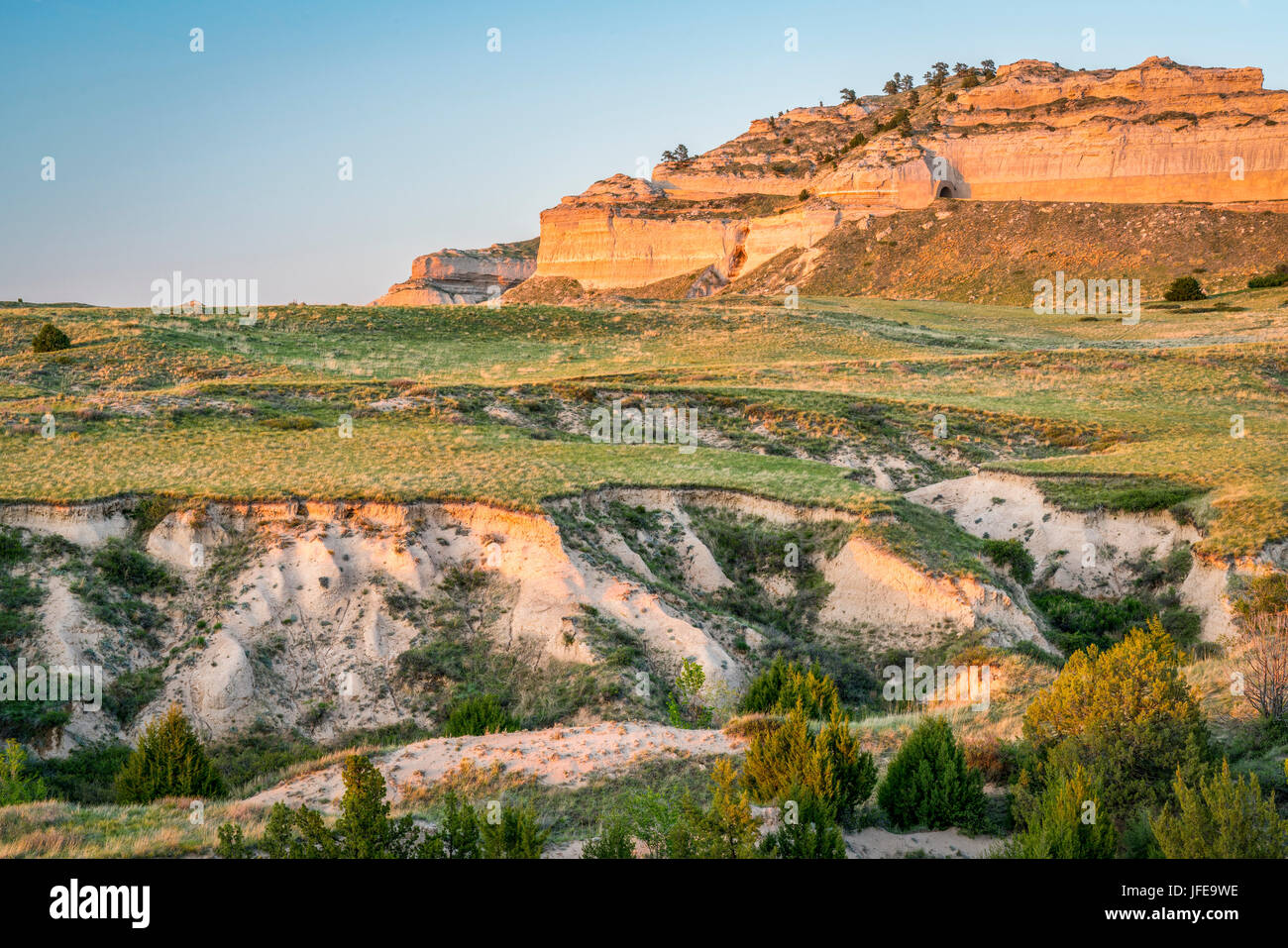 Scotts Bluff National  Monument in Nebraska, spring scenery in sunset light Stock Photo