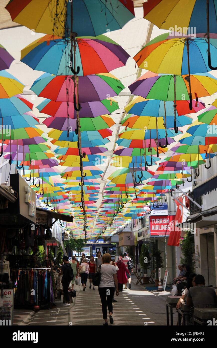 :Artistic umbrellas on the streets in fethiye , turkey 31st may 2017 Stock Photo
