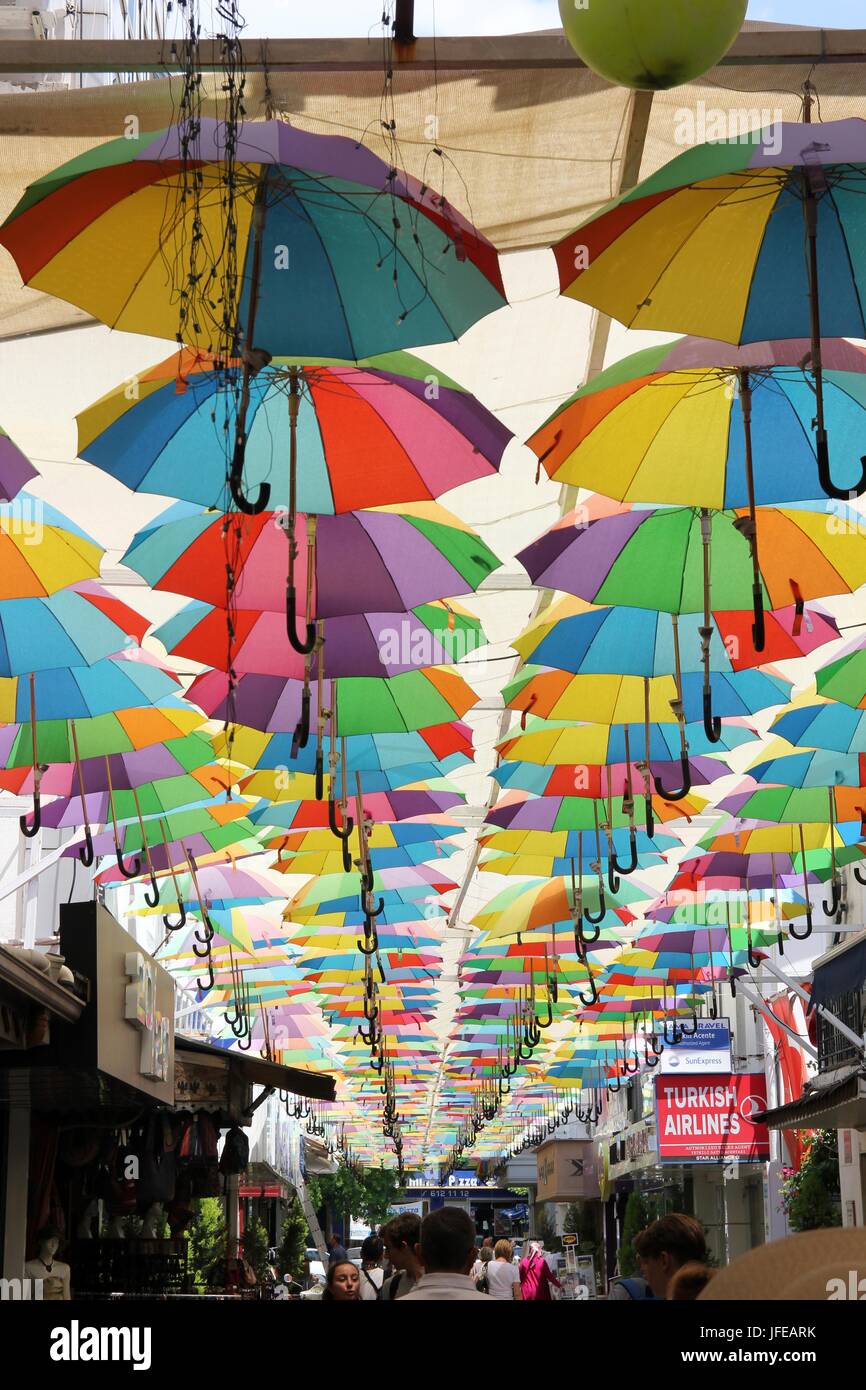 :Artistic umbrellas on the streets in fethiye , turkey 31st may 2017 Stock Photo