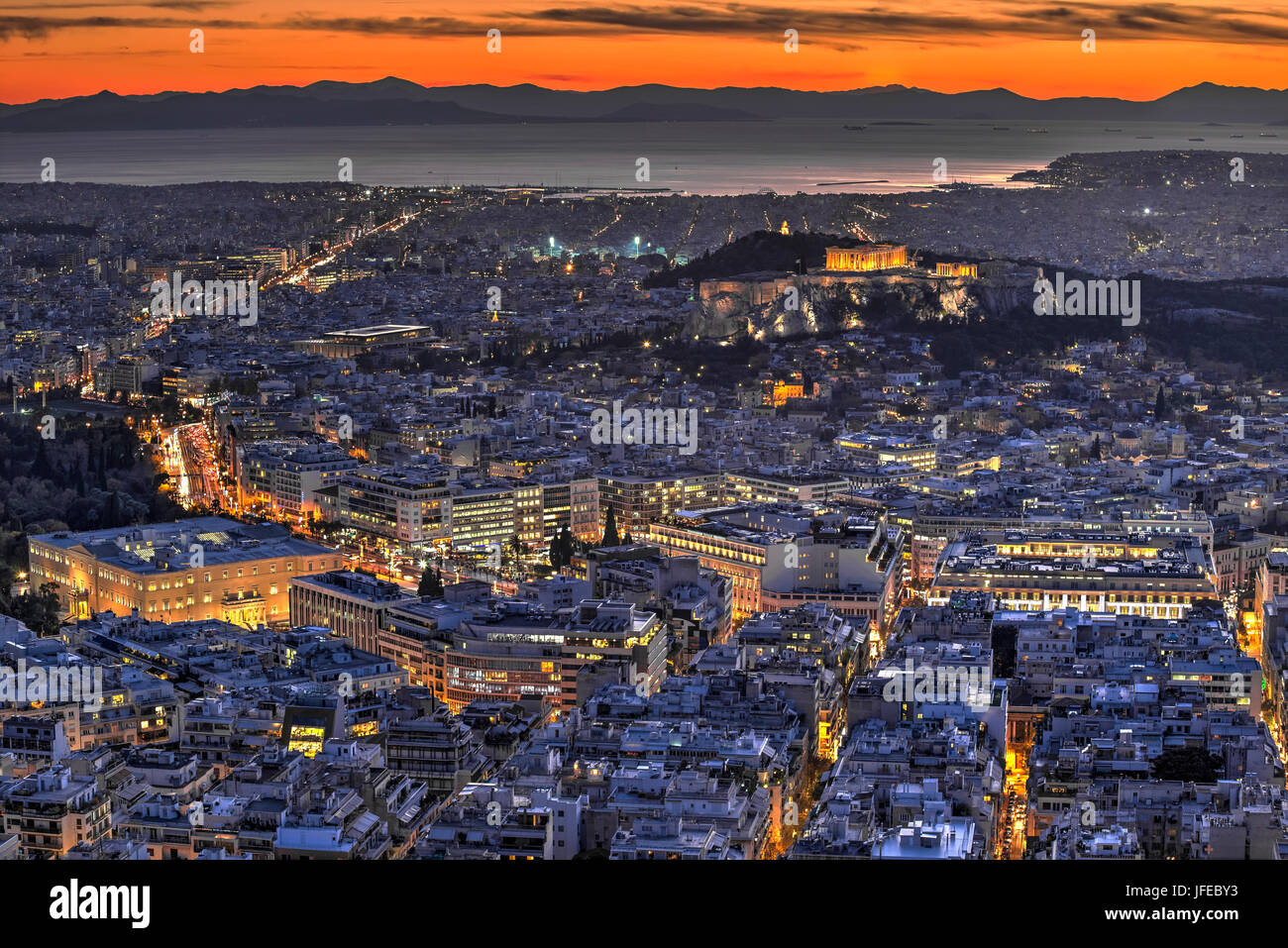 Aerial view of the Acropolis of Athens seen at dawn, Greece Stock Photo