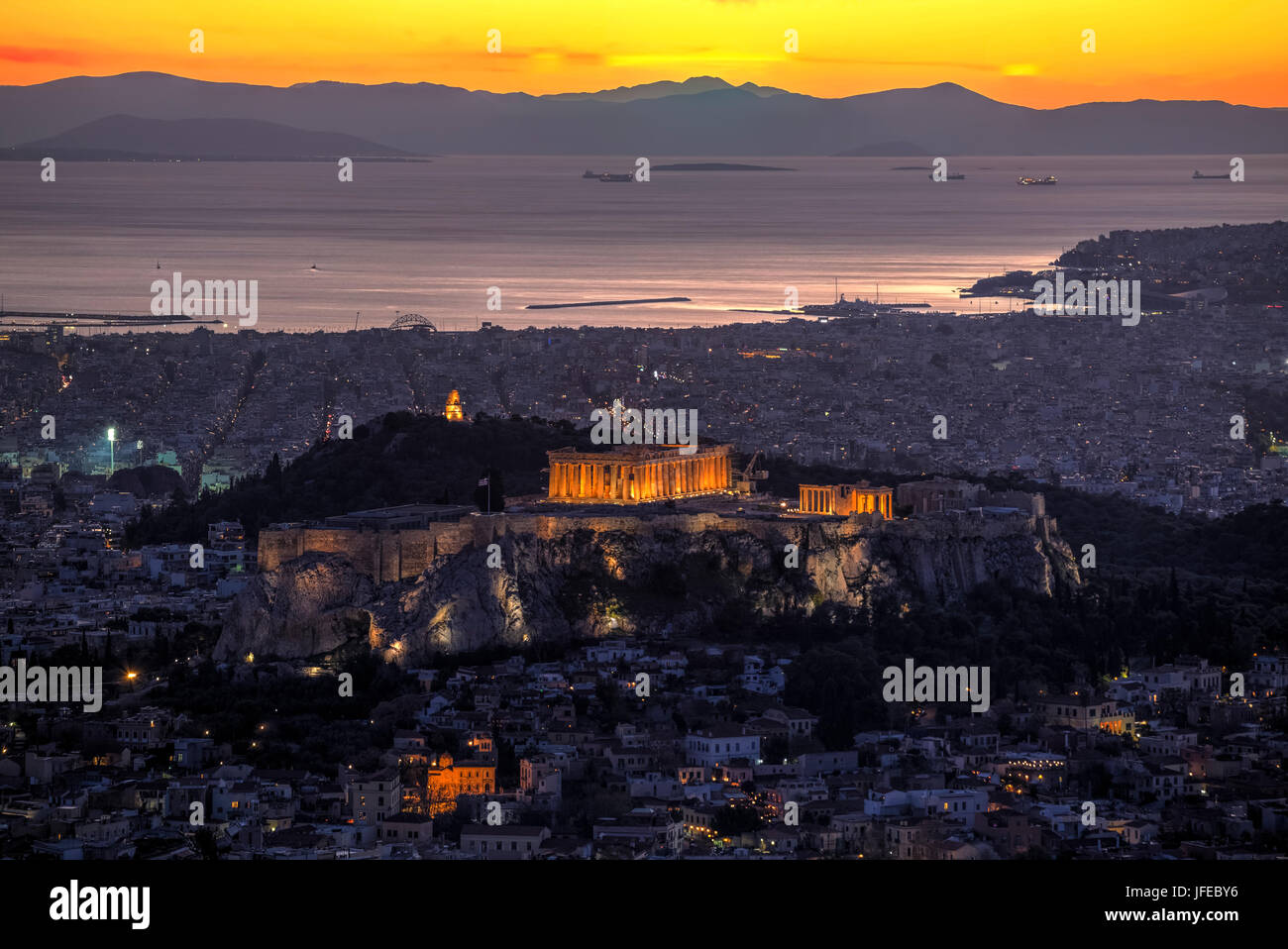 Aerial view of the Acropolis of Athens seen at dawn, Greece Stock Photo