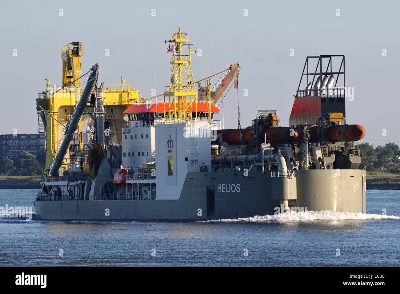 The new Cutter Suction Dredger Helios enters the port of Rotterdam. Stock Photo