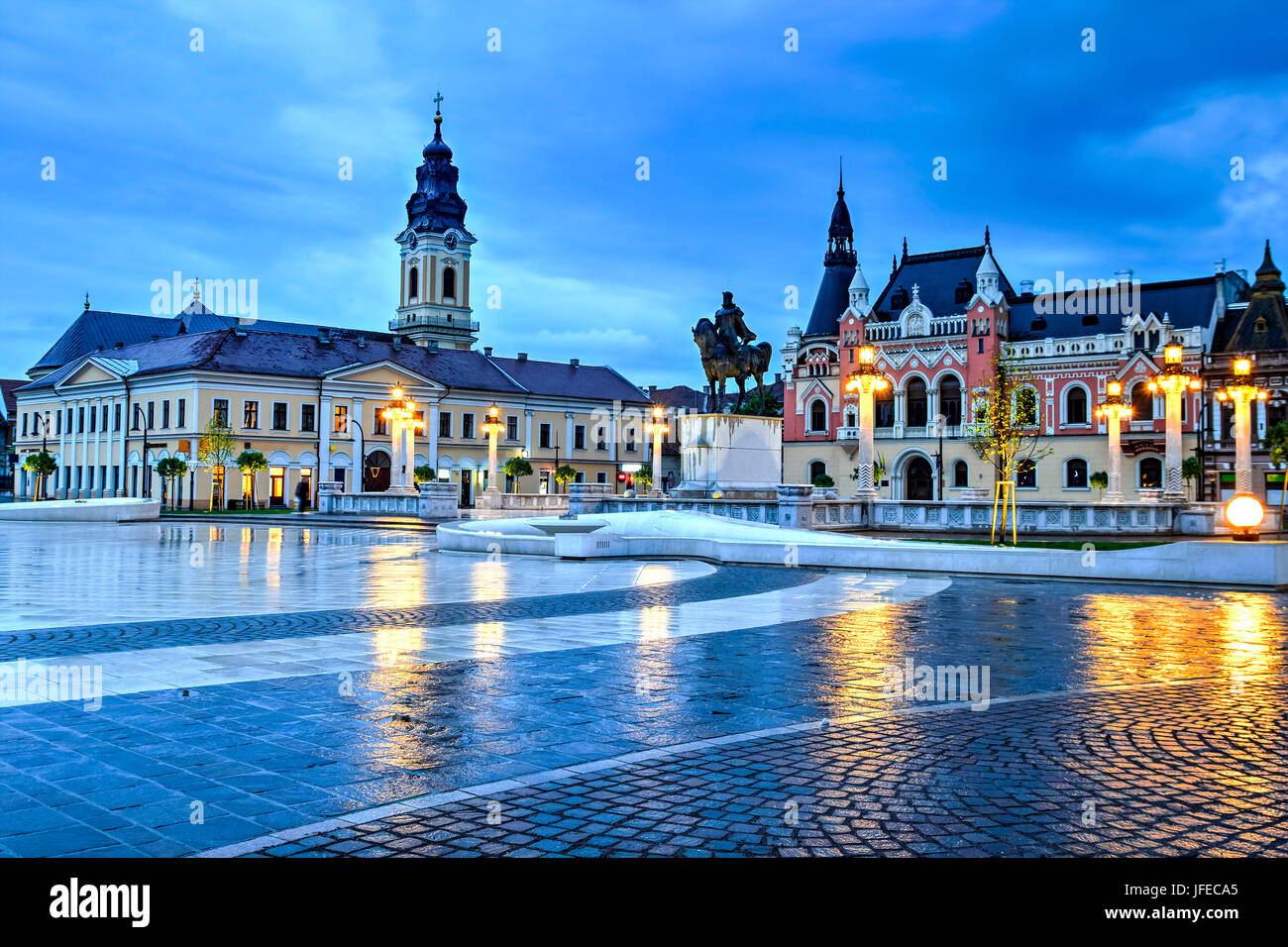 Union square (Piata Unirii) seen at the blue hour in Oradea, Romania