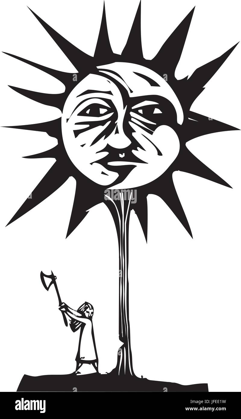 Woodcut style image of a sun and moon face in a tree being chopped down by a girl with an ax Stock Vector