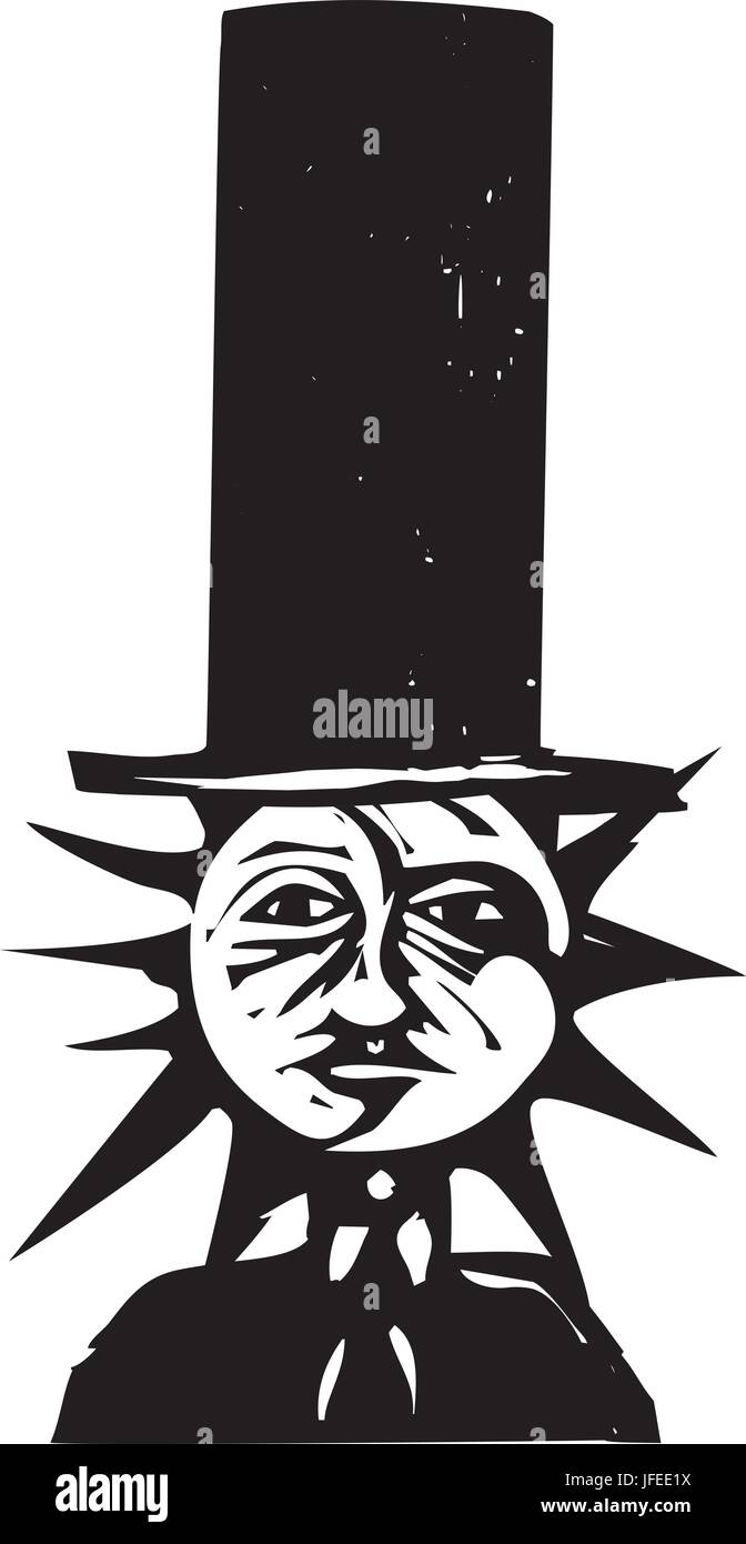 Woodcut style image of a sun and moon face wearing a top hat Stock Vector