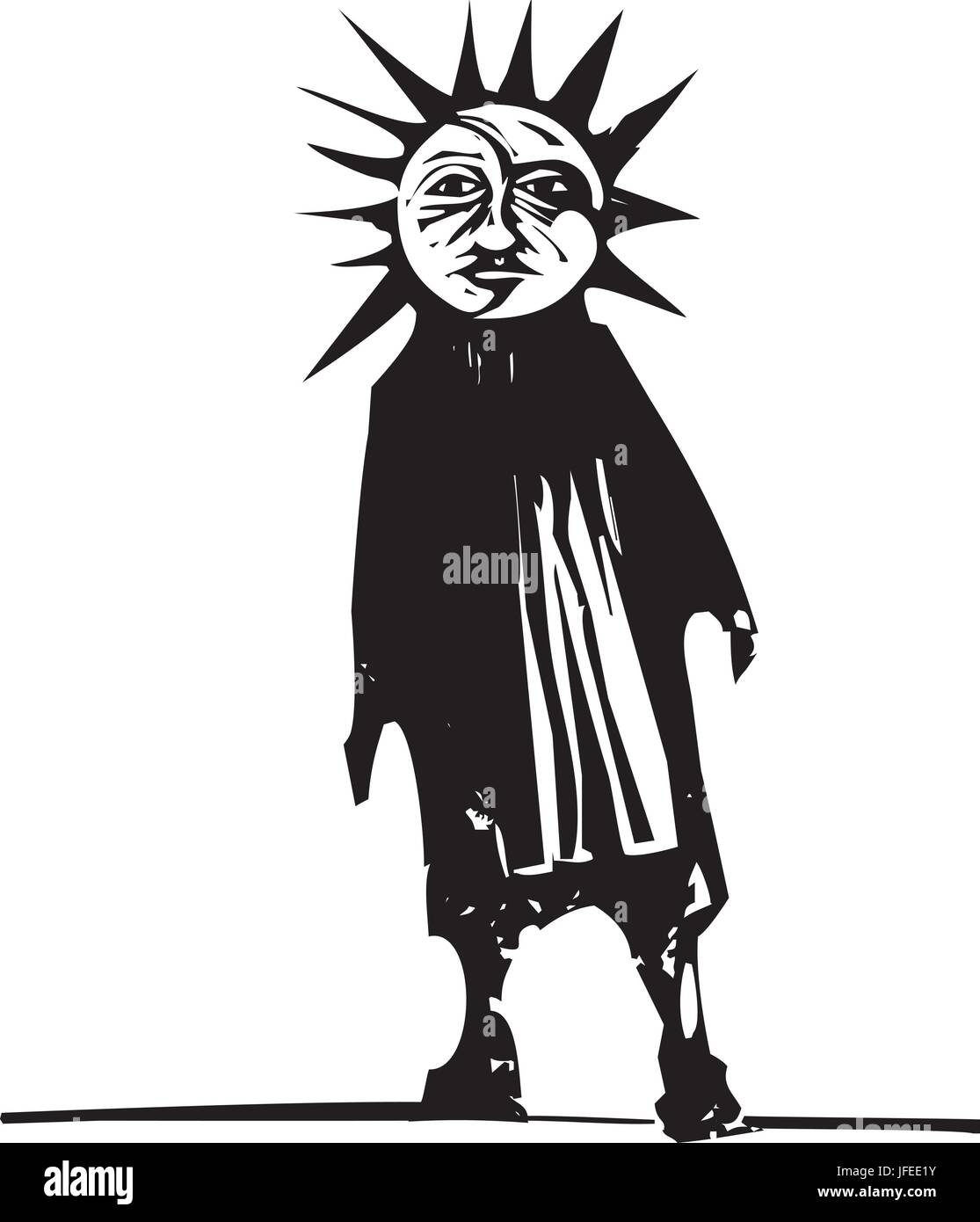 Woodcut style image of a sun and moon face on human figure Stock Vector