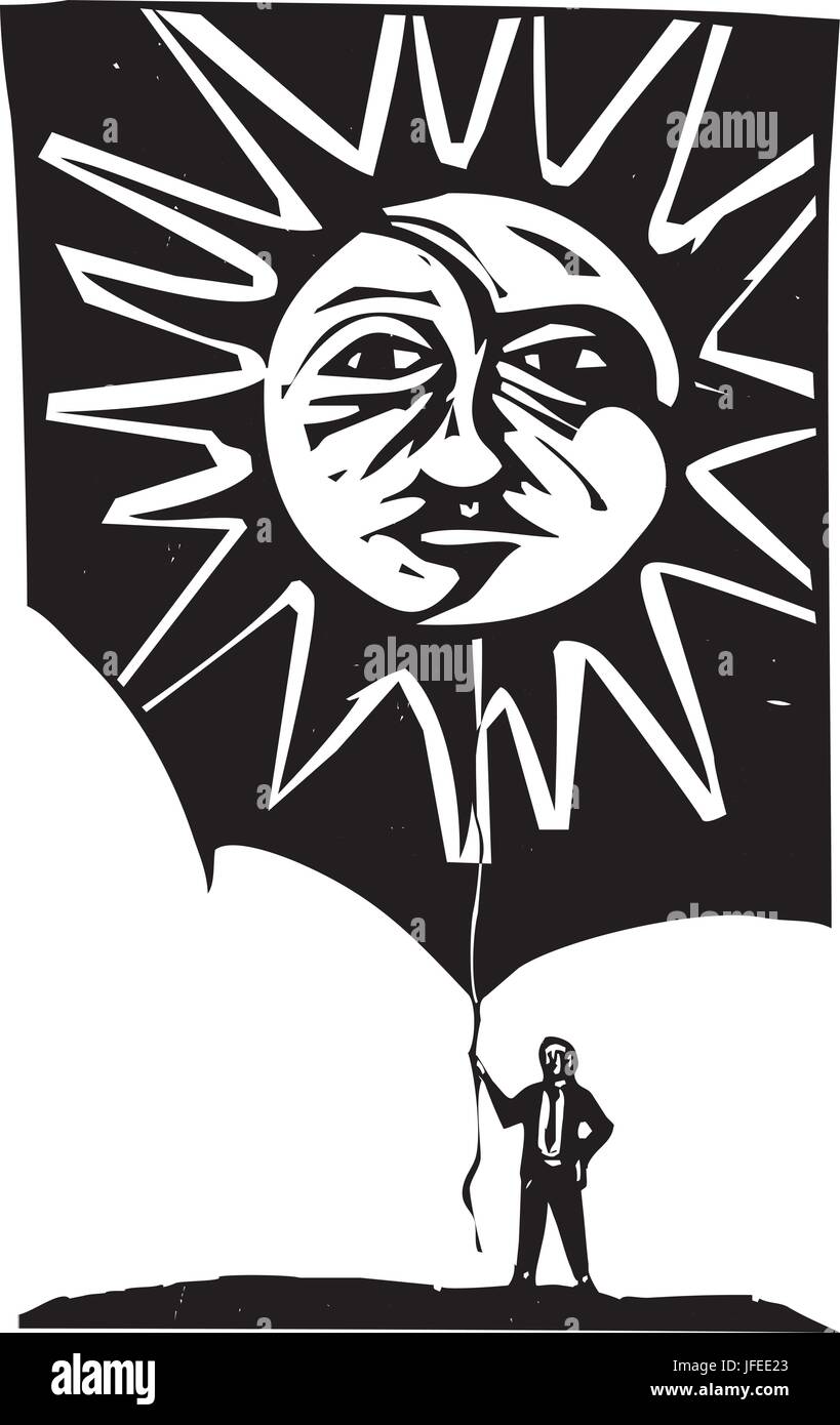 Woodcut style image of a sun and moon face being held by a man holding a piece of string. Stock Vector