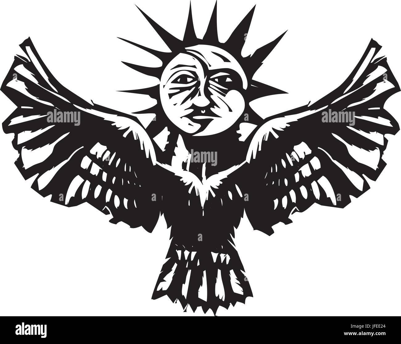 Woodcut style image of a sun and moon on an owl Egyptian Ba concept. Stock Vector
