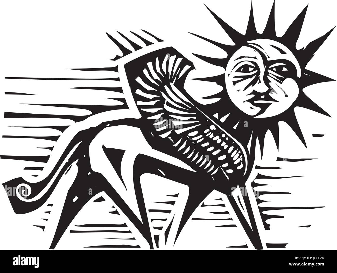 Woodcut style image of a sun and moon face on the body of a griffin Stock Vector