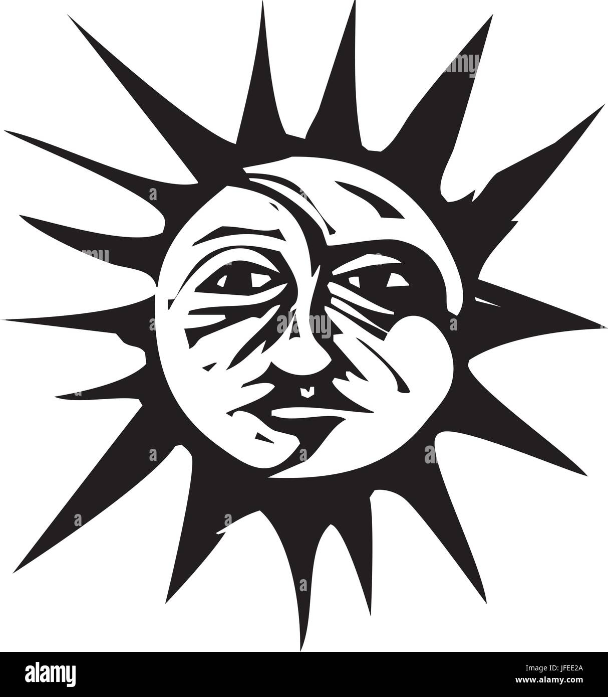 Woodcut style image of a sun and moon face Stock Vector