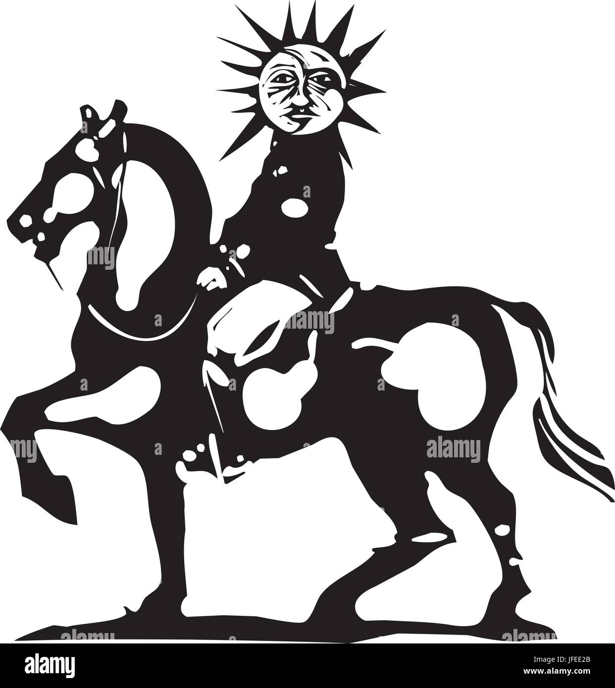 Woodcut style image of a sun and moon face riding on horseback Stock Vector