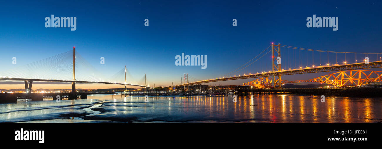 All three bridges across the Firth of Forth photographed at night. Stock Photo