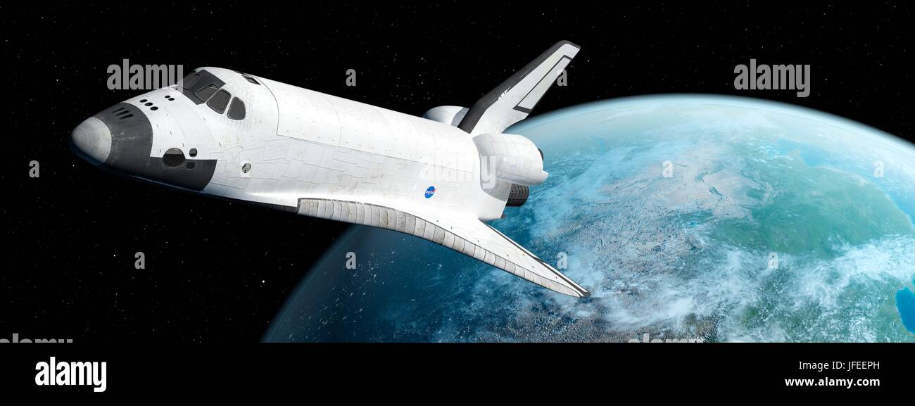 Space shuttle with distant planet, illustration. Stock Photo
