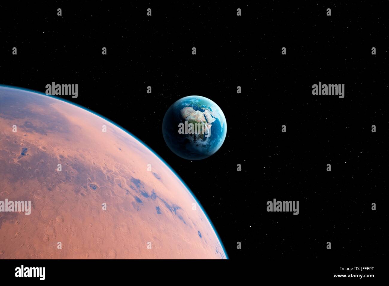 Planet with Earth in distance, illustration. Stock Photo