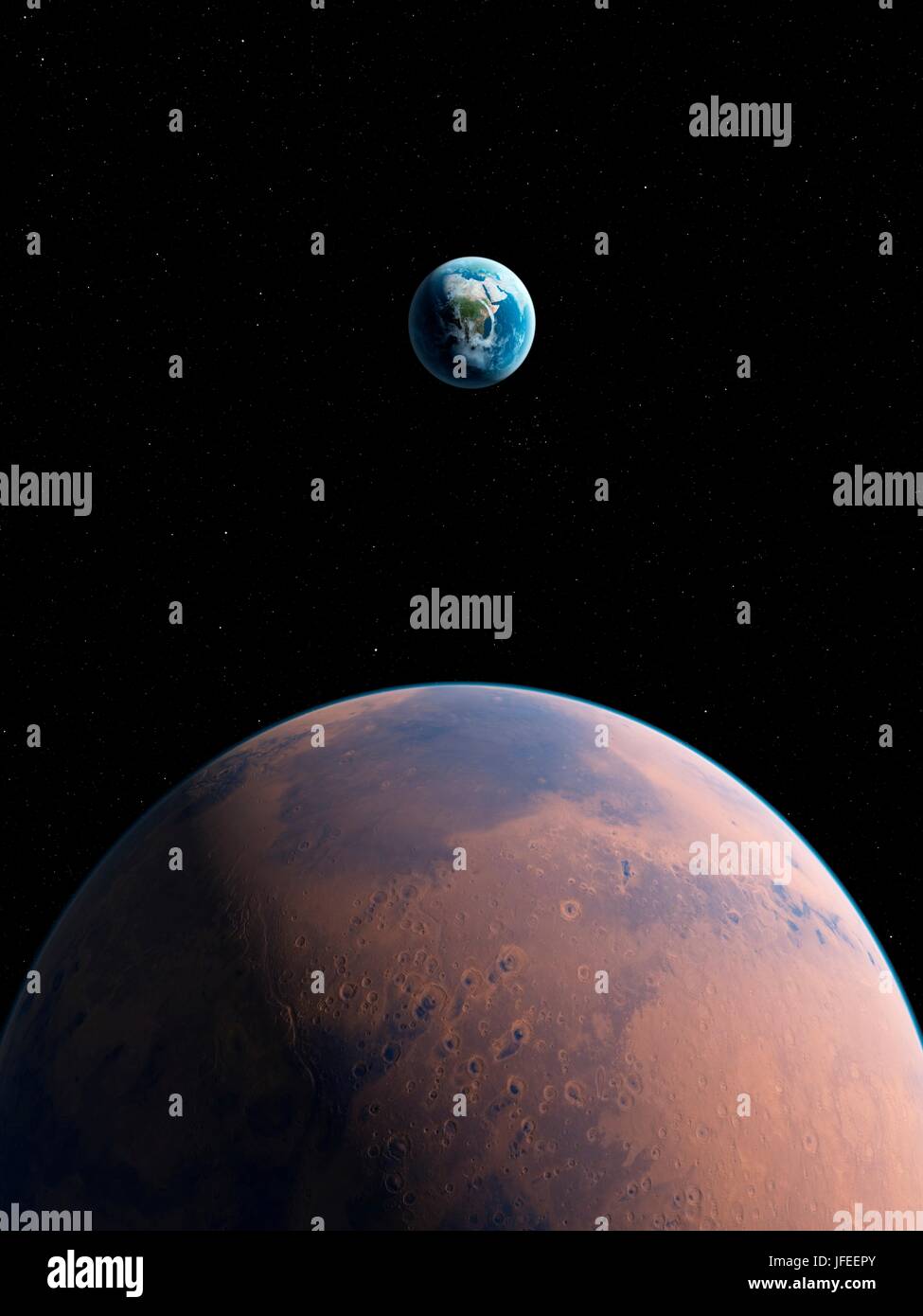 Planet with Earth in distance, illustration. Stock Photo