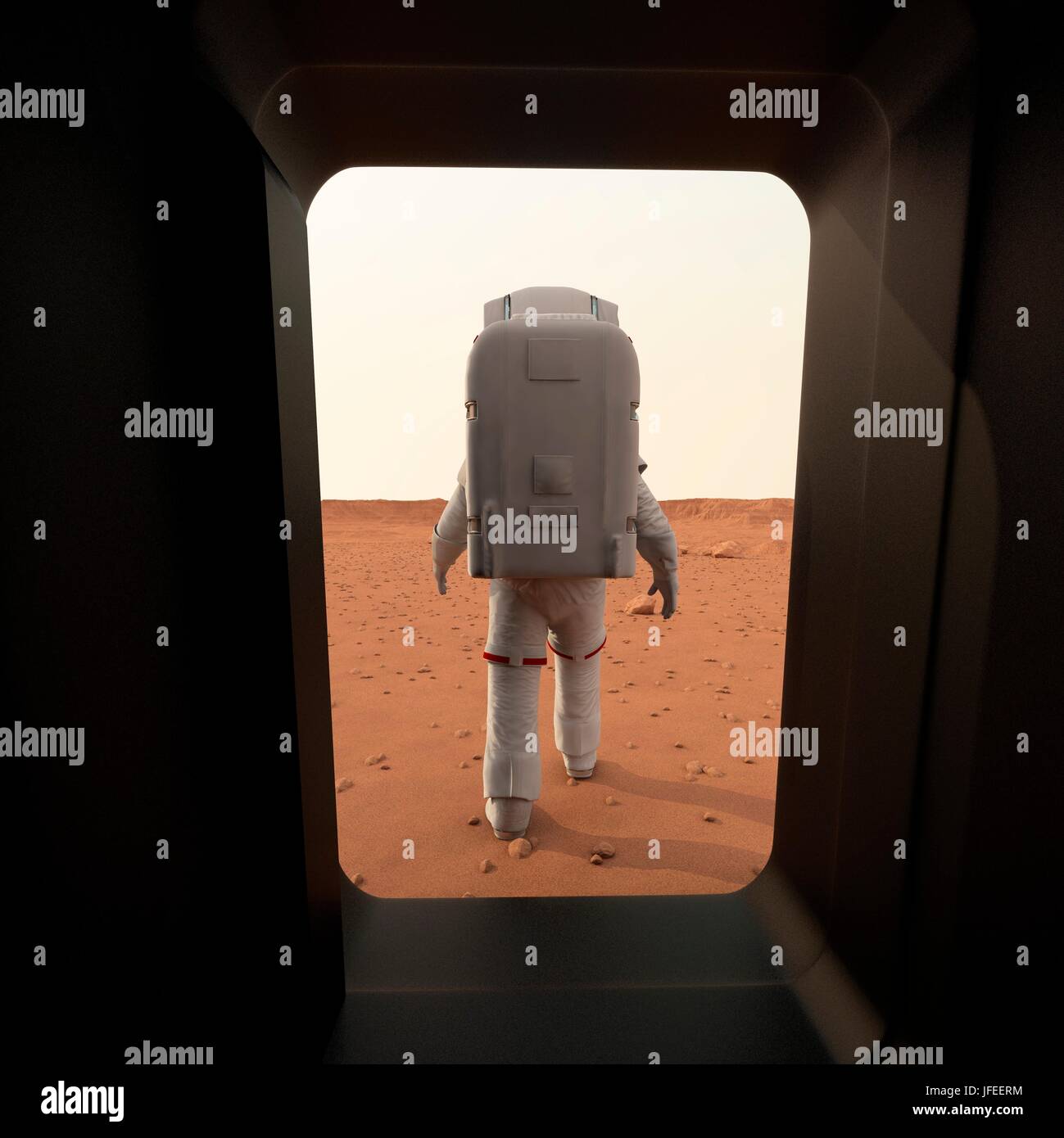 Astronaut leaving space ship and walking on planet, illustration. Stock Photo