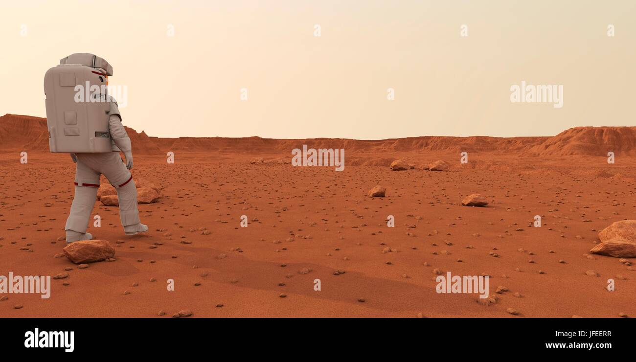 Astronaut walking on planet, illustration. Stock Photo