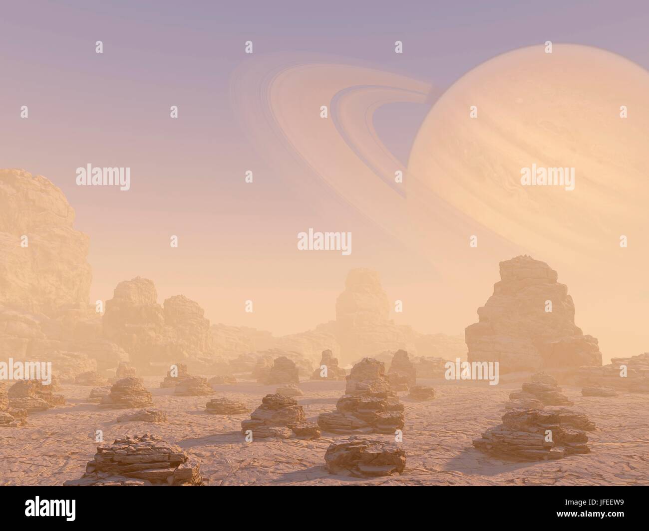 Rocky surface with planet and rings in distance, illustration. Stock Photo