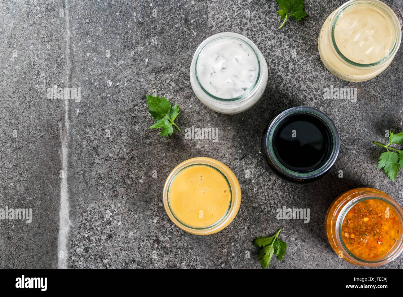 Set of organic healthy dietary dressings for salad sauce vinaigrette