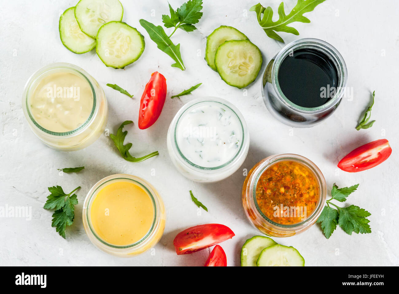 Set of dressings for salad sauce vinaigrette, mustard, mayonnaise or