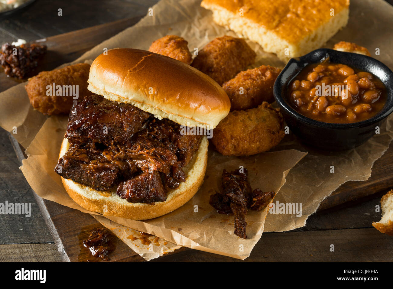 Slow Smoked Brisket Burnt Ends Sandwich with Sides Stock Photo Alamy