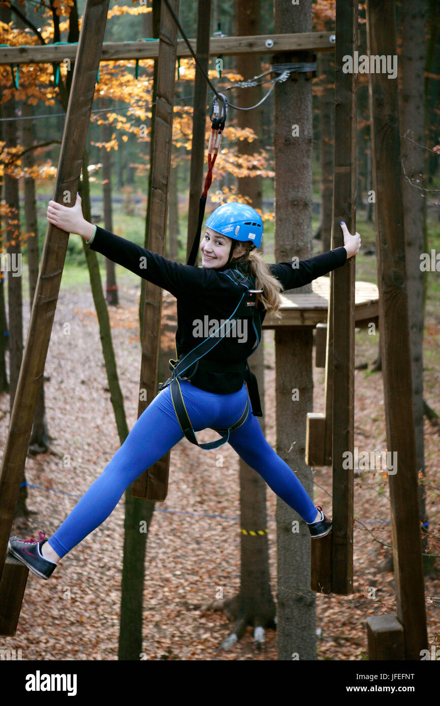 13 year-old girl, climbing park, Svat ý Linhart, Karlsbad, Czechia, Europe Stock Photo