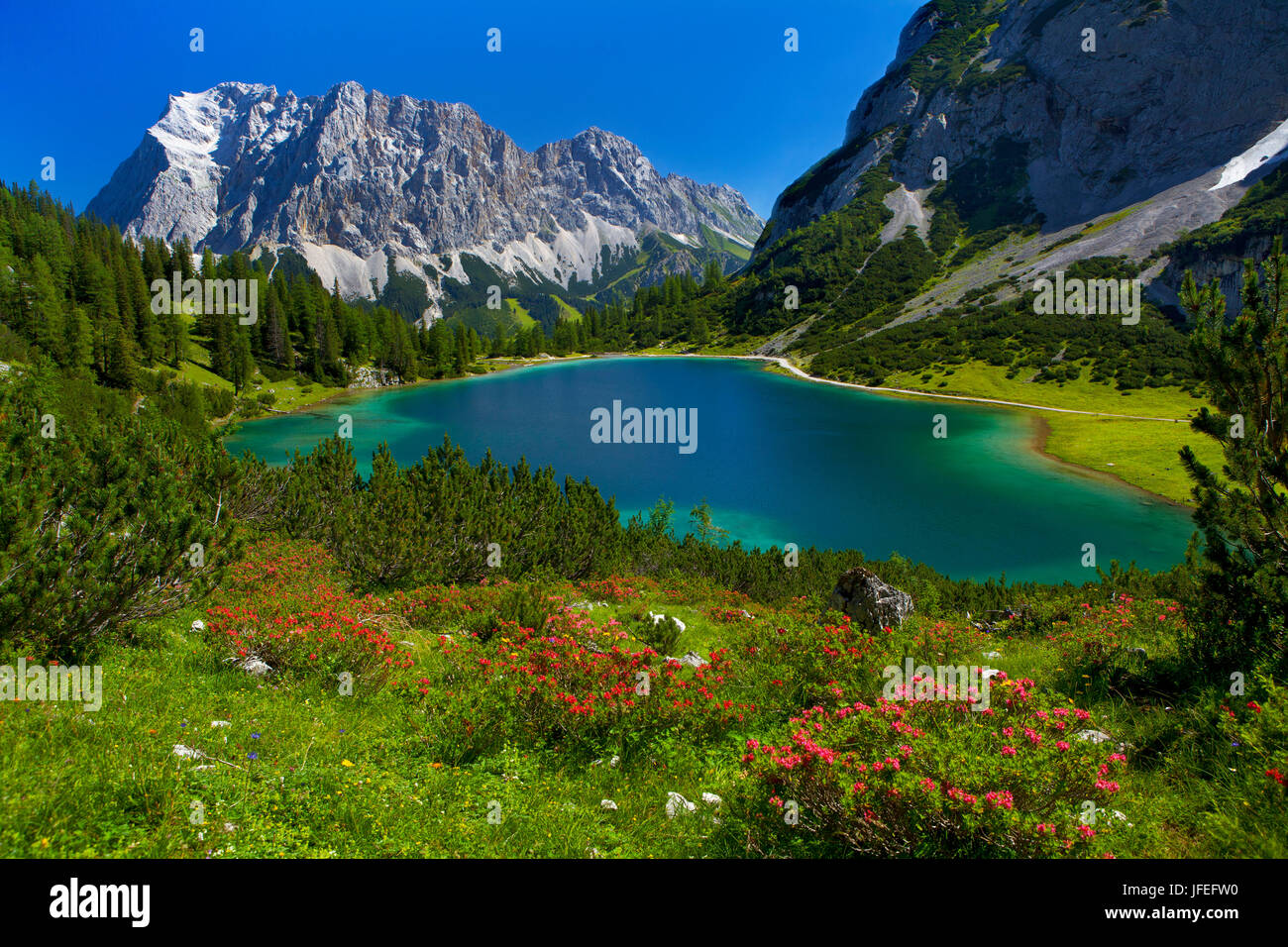 Austria, Tyrol, Ehrwald, Seebensee with Zugspitze Stock Photo