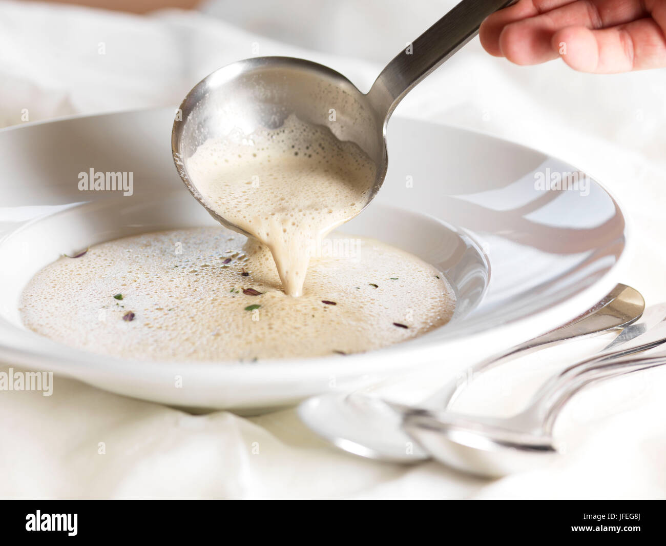 Linsensuppe, Schöpflöffel, Teller, füllen, Stock Photo