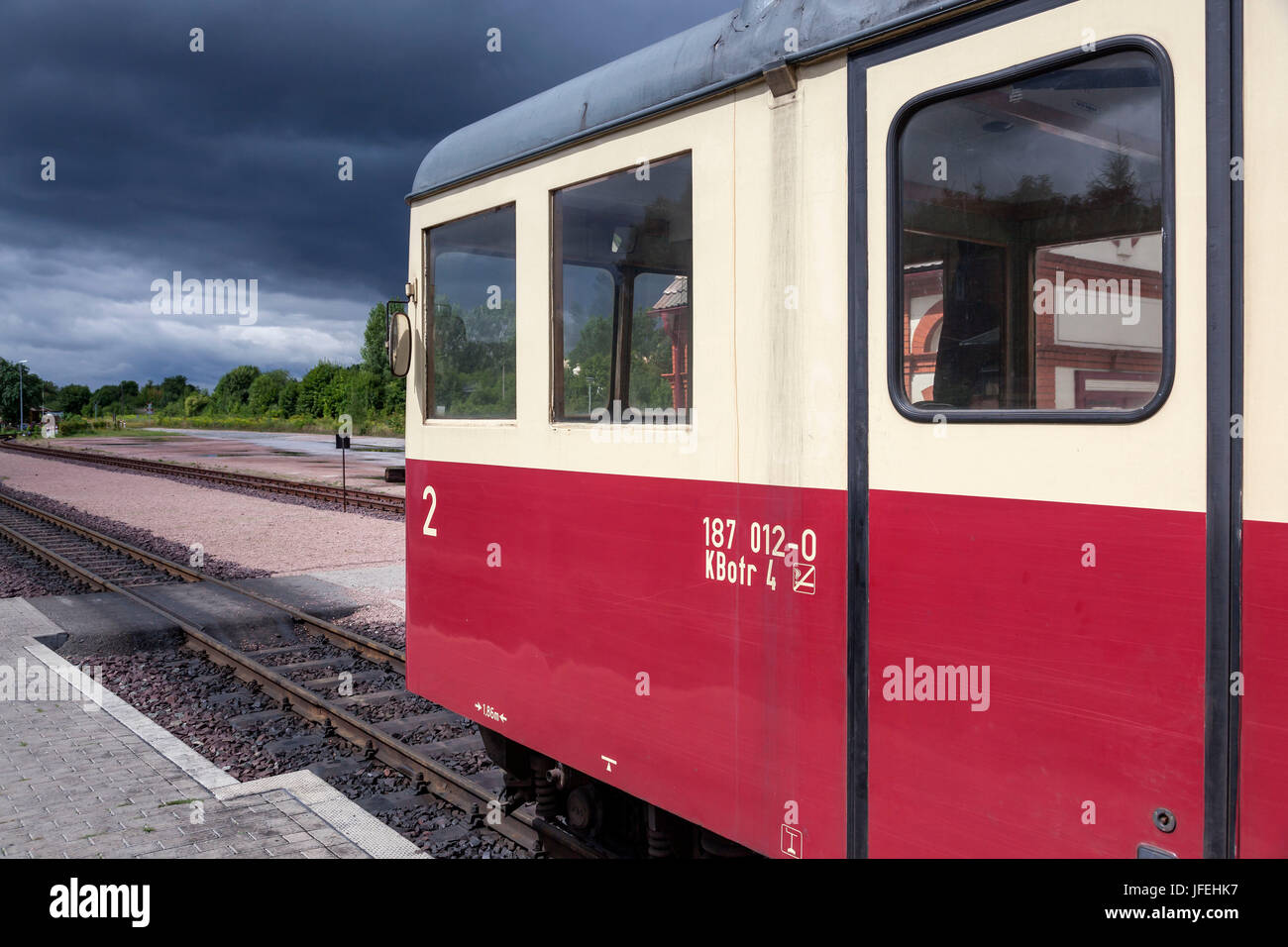 Motor coaches of the Harzer light railway in Alexisbad, Harzgerode, Harz, Saxony-Anhalt, Central Germany, Germany Stock Photo
