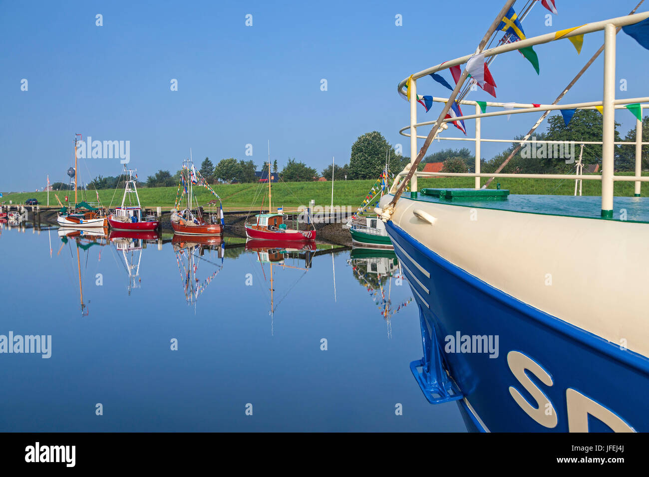 Boats in the harbour of Friedrichskoog, Ditmarsh, Schleswig - Holstein, North Germany, Germany, Europe Stock Photo