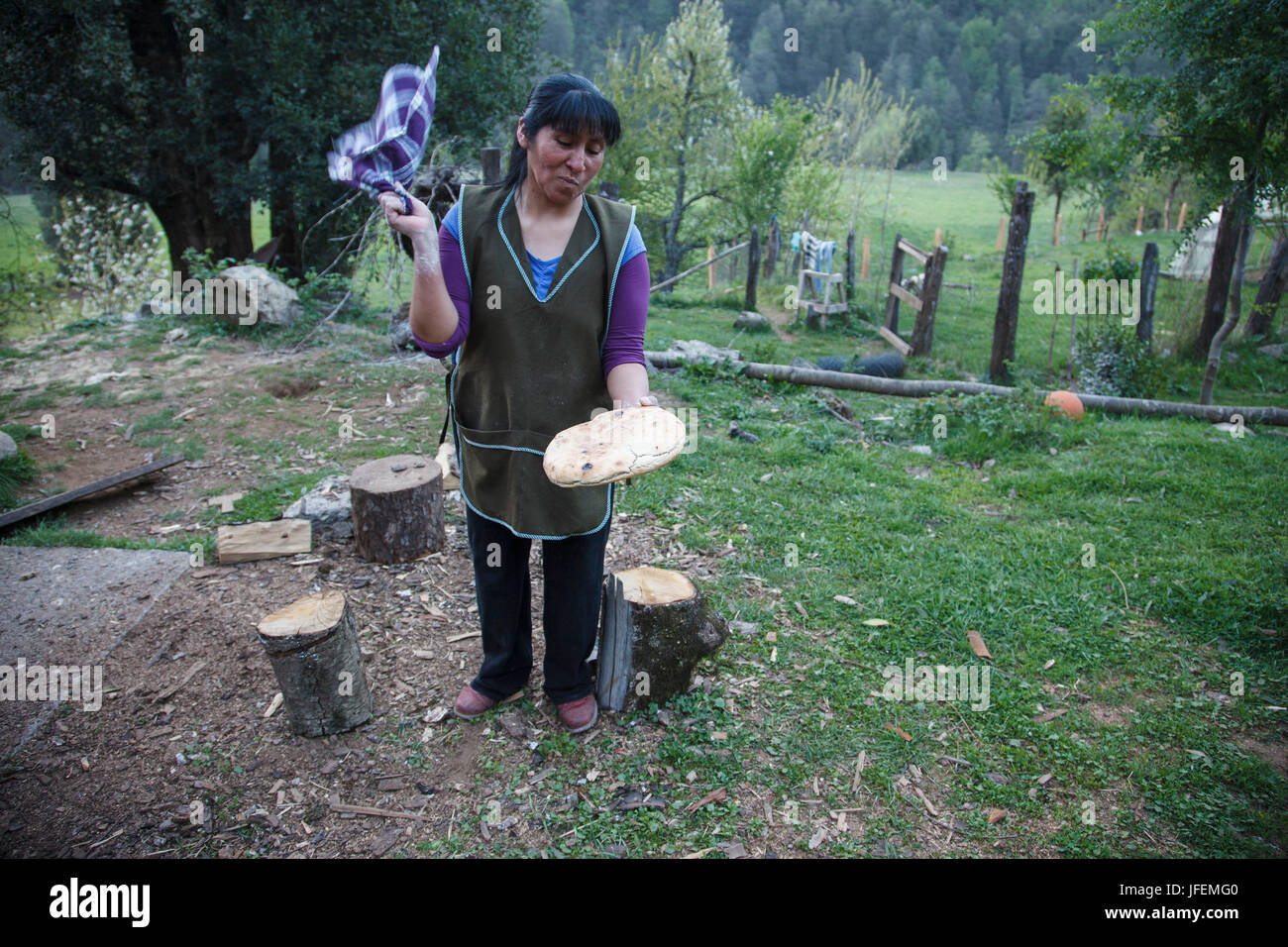 Chile, Araucania, Alto bio bio, Mapuche, woman, ash of the home-baked bread knock off, Stock Photo