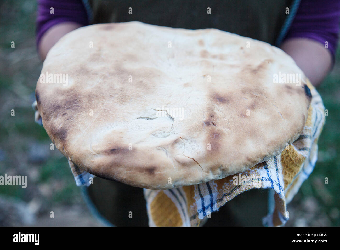 Chile, Araucania, Alto bio bio, Mapuche, home-baked bread present Stock Photo