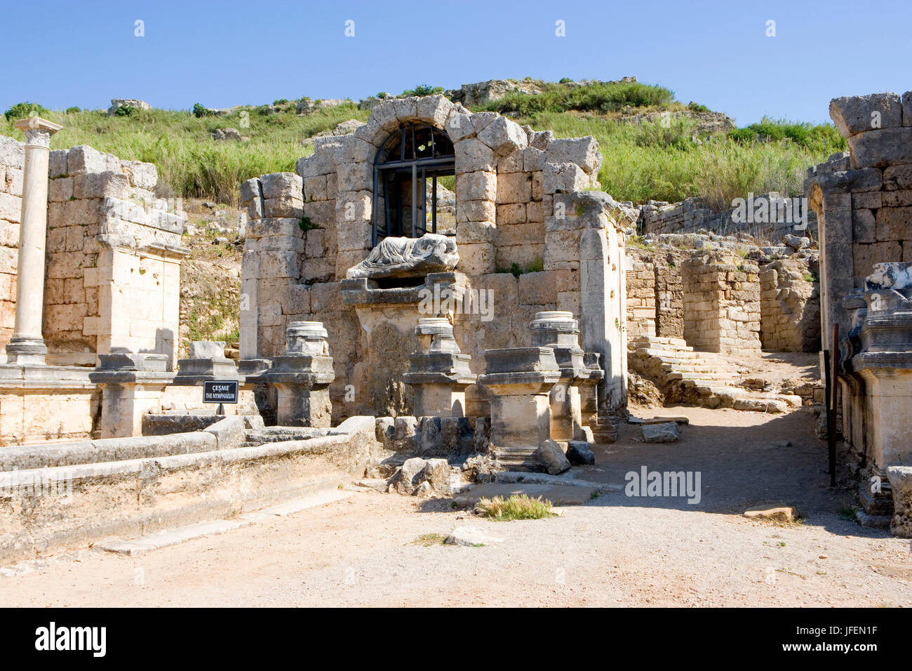 Perge, antique town, best preserved town of the antique Pamphylien, boulevard, channel, Nymphäum, Acropolis hill Stock Photo
