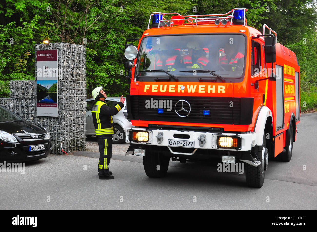 Fire brigade, fire brigade, fire fighting vehicle, entry travel, training Stock Photo Alamy