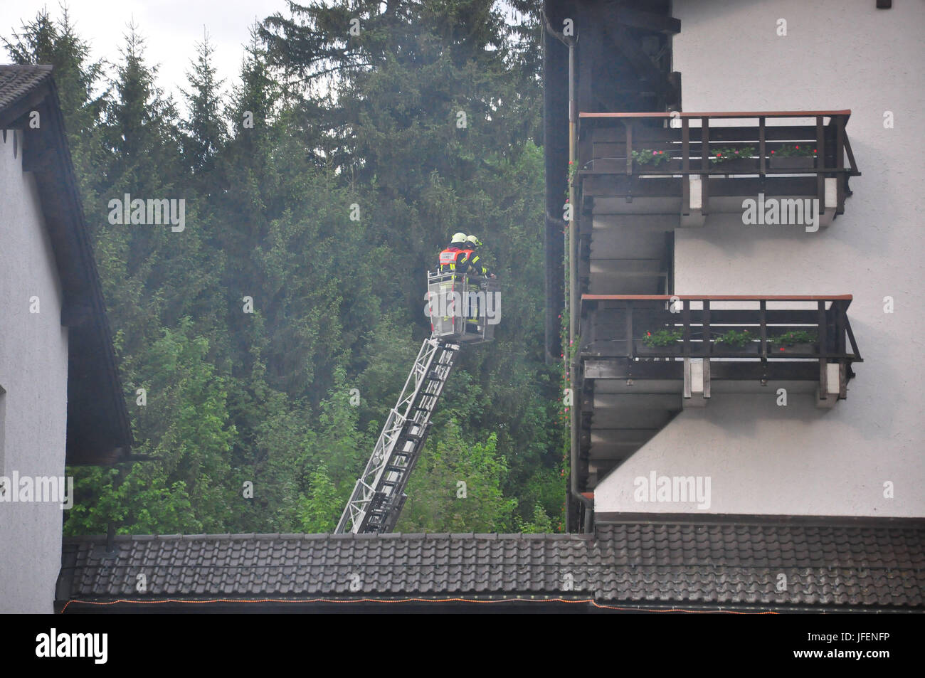 Fire brigade, fire brigade, fire fighting vehicle, mission exercise, conflagration, hotel Stock