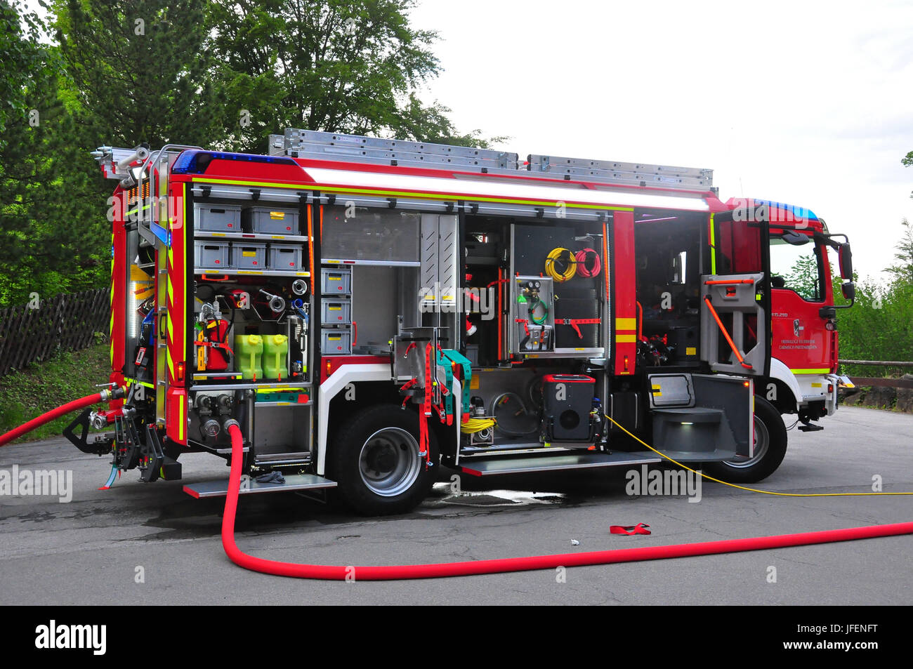 Fire brigade, fire brigade, fire fighting vehicle, mission exercise, conflagration, hotel Stock