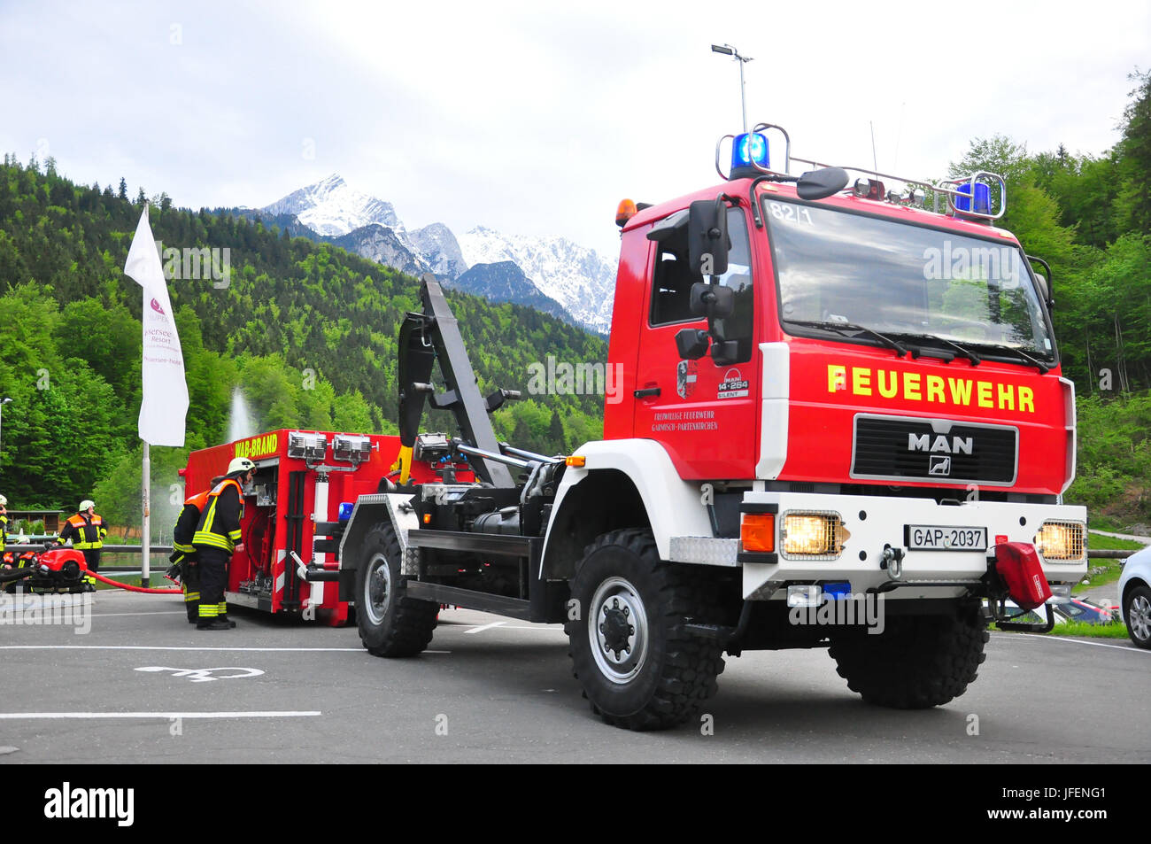 Fire brigade, fire brigade, fire fighting vehicle, ABRüst, mission exercise, hotel Stock Photo
