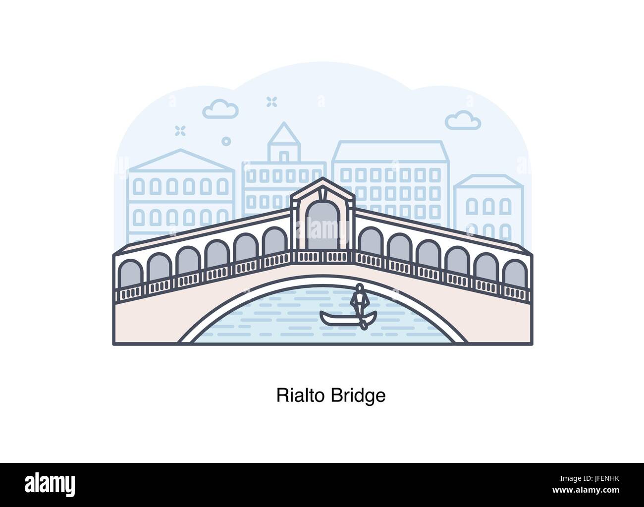 Vector line illustration of Rialto Bridge, Venice, Italy. Stock Vector