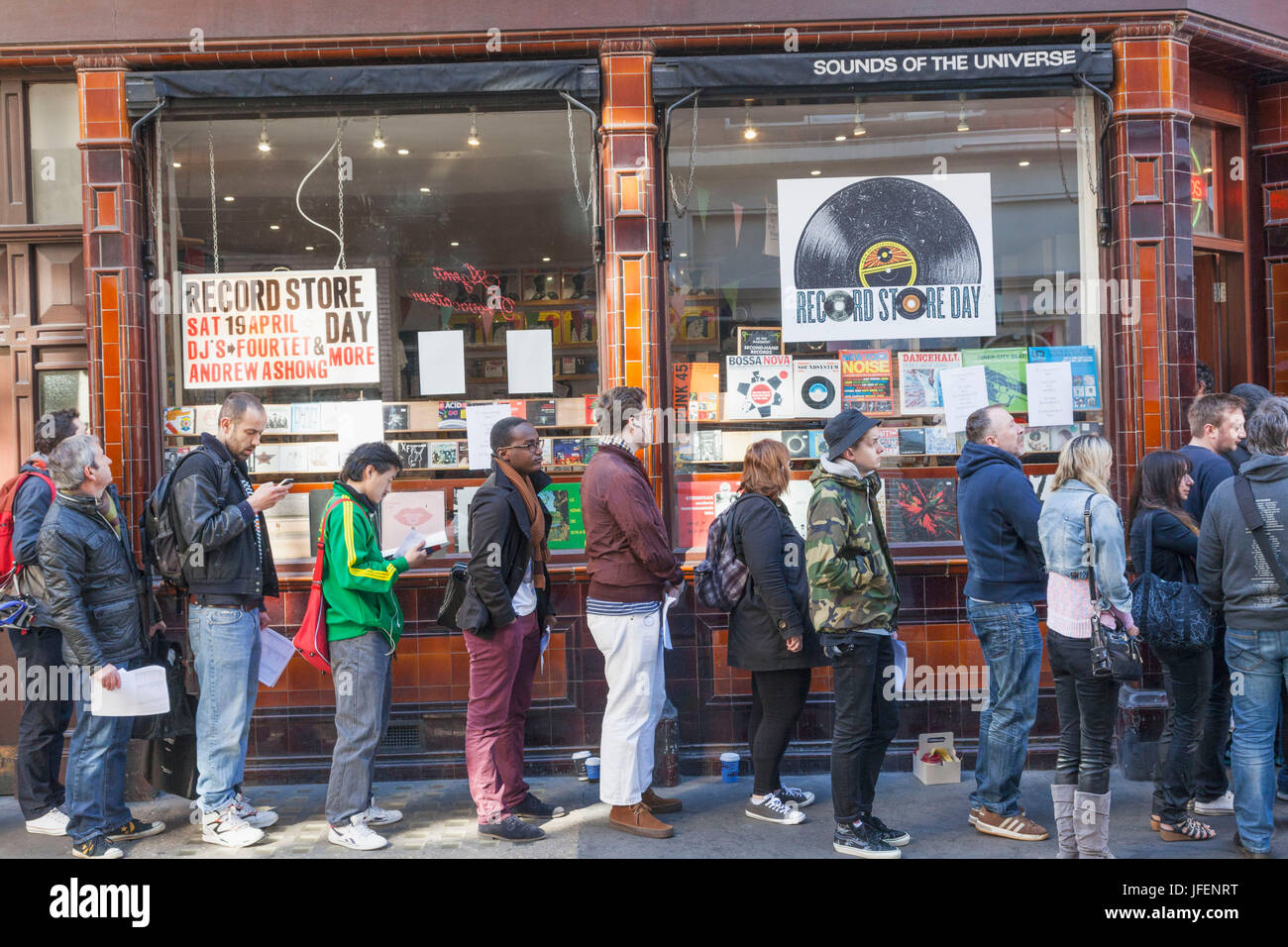England, London, Soho, Berwick Street, World Record Shop Day, Crowds Queuing Outside Record Shop Stock Photo