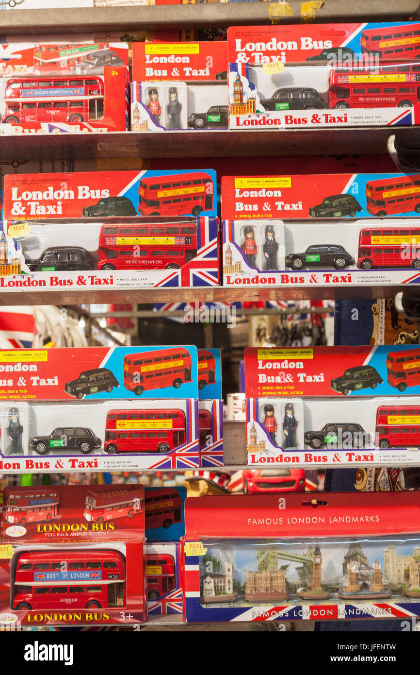 England, London, Covent Garden Market, Stall Display of London Bus and Taxi Models Stock Photo