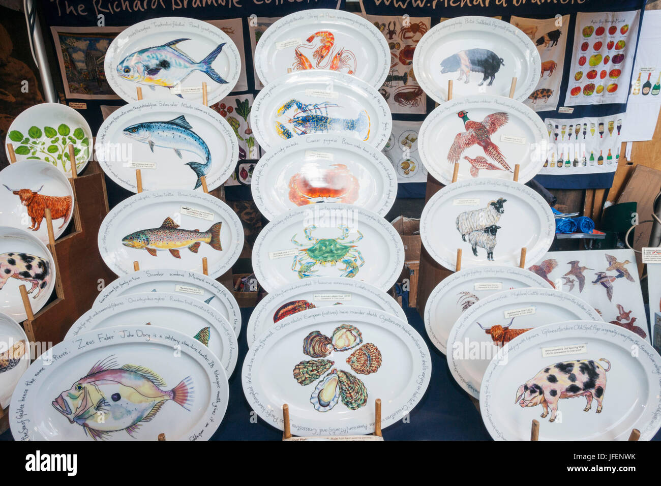 England, London, Southwark, Borough Market, Kitchenware Stall Display of Plates Stock Photo